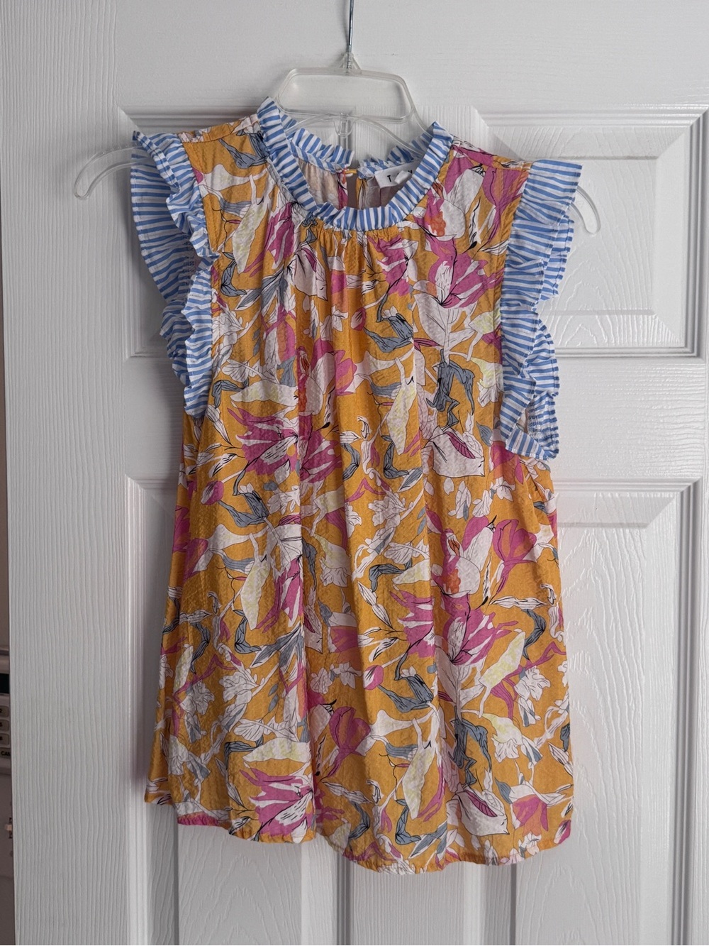 THML Mixed Print Ruffle Sleeve Blouse, Floral & Stripe Sleeveless Top